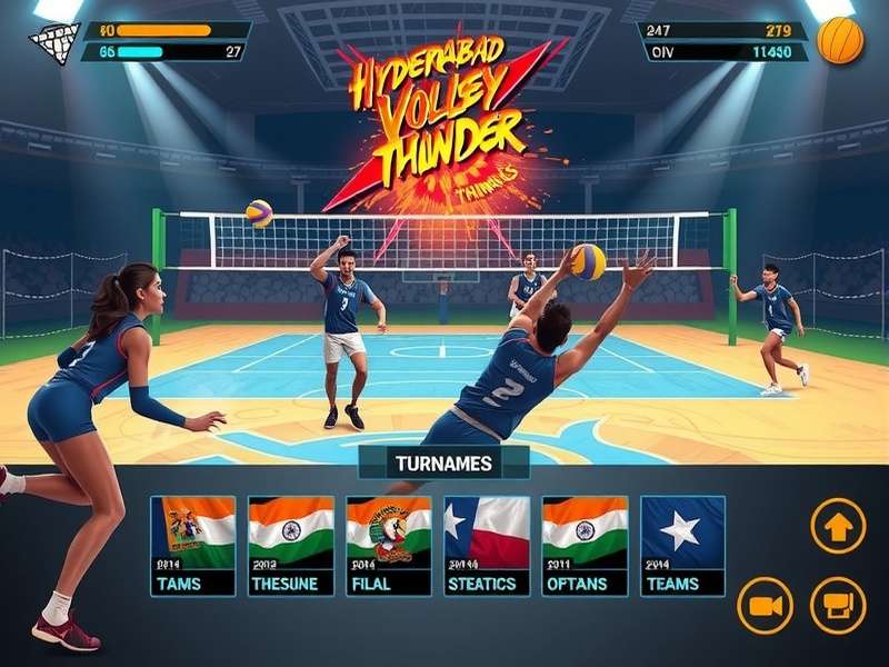 Hyderabad Volley Thunder tournament screen showing Indian city-based teams